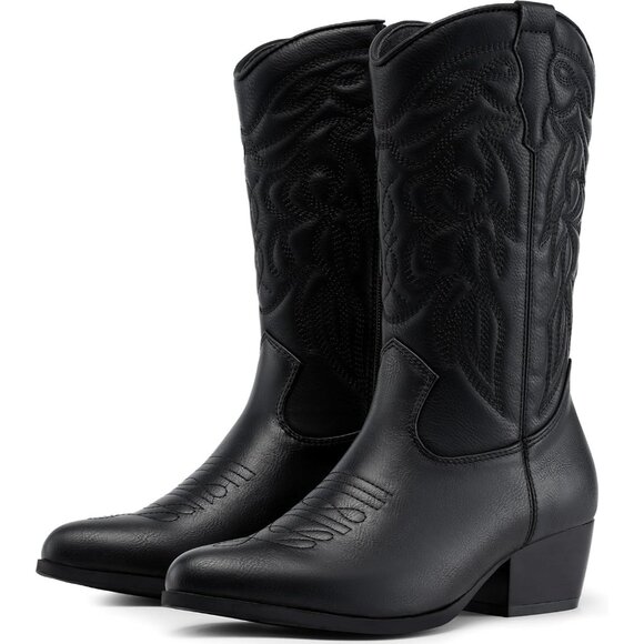 Dodow Women's Black Pointed Toe Zipper Western Cowgirl Pu Mid Calf Boots - Picture 1 of 6